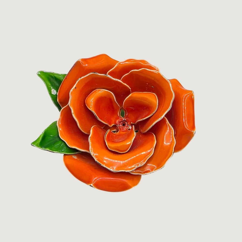 Vintage Enamel Flower Brooch Orange Rose Dimensional Mod Pop Art 60s 0794
